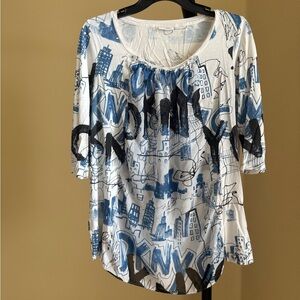 DKNYC White and Blue Graphic Blouse